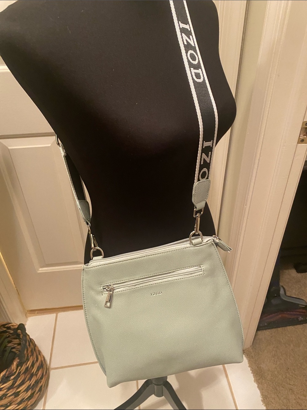 Izod Sage Gray Pebble Crossbody Bag with Logo Strap
